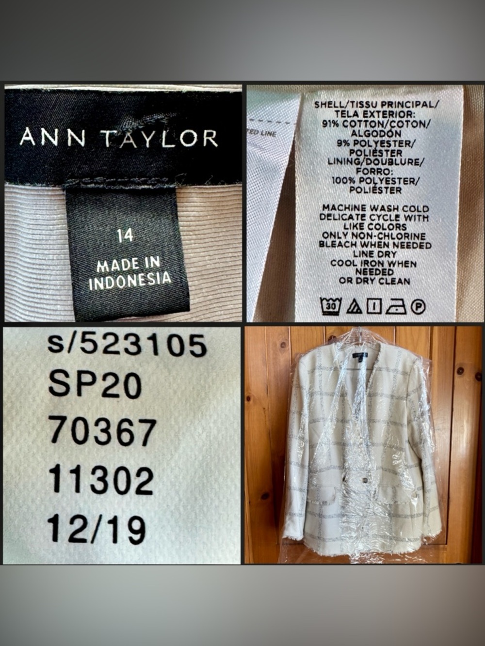 Ann Taylor Cream Gray Windowpane Tweed Fringed Blazer (14) Like New! - Picture 6 of 17
